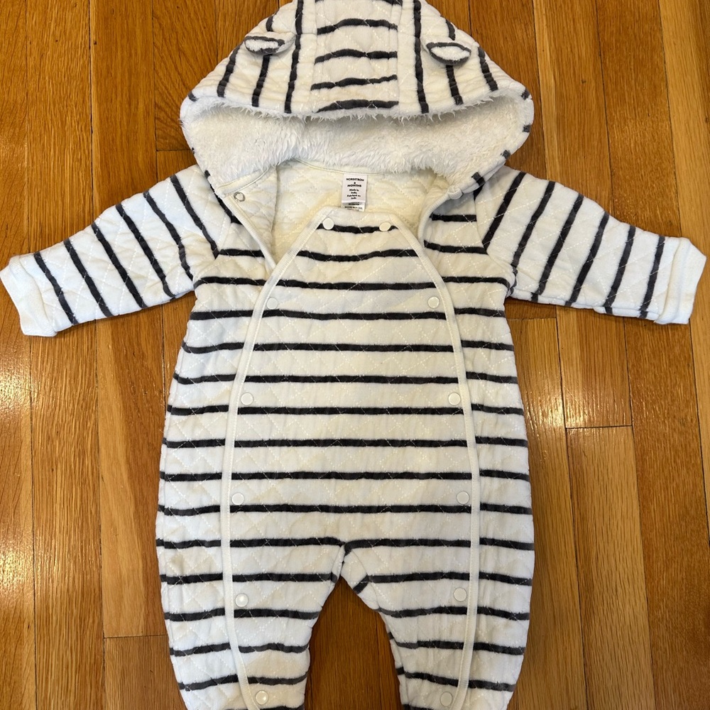 Nordstrom Striped Hooded Fleece One-Piece - White/Grey 3 months
